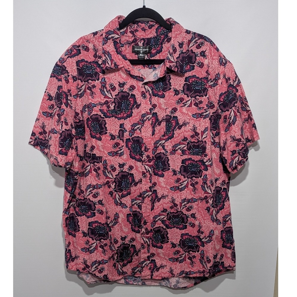 Houston White Floral Button Up Shirt Mens XL Pink Navy Excellent Short Sleeve